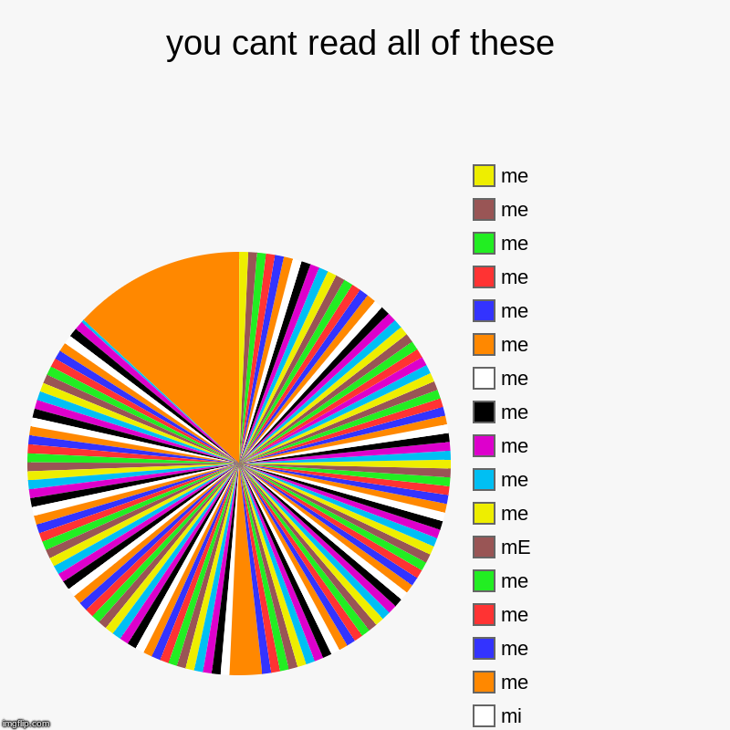 you cant read all of these |, mi, me, me, me , me, mE, me, me, me, me, me, me , me , me, me, me, me | image tagged in charts,pie charts | made w/ Imgflip chart maker