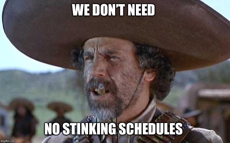 El Guapo | WE DON’T NEED; NO STINKING SCHEDULES | image tagged in el guapo | made w/ Imgflip meme maker