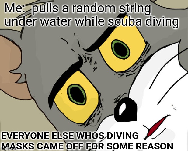 Unsettled Tom Meme | Me:  pulls a random string under water while scuba diving; EVERYONE ELSE WHOS DIVING  MASKS CAME OFF FOR SOME REASON | image tagged in memes,unsettled tom | made w/ Imgflip meme maker