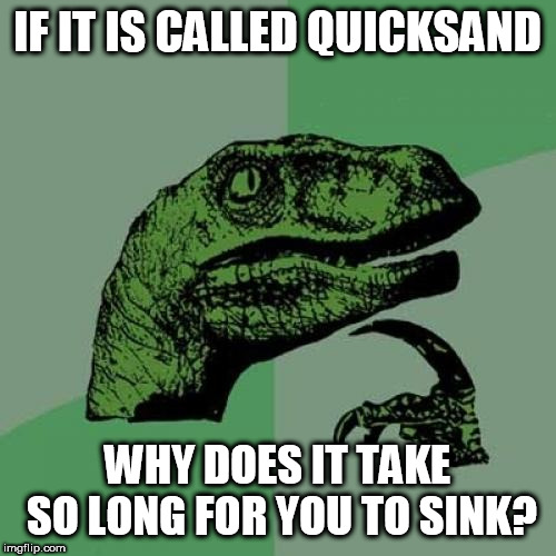 Philosoraptor Meme | IF IT IS CALLED QUICKSAND; WHY DOES IT TAKE SO LONG FOR YOU TO SINK? | image tagged in memes,philosoraptor | made w/ Imgflip meme maker