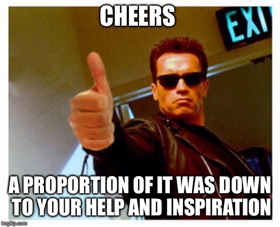 terminator thumbs up | CHEERS A PROPORTION OF IT WAS DOWN TO YOUR HELP AND INSPIRATION | image tagged in terminator thumbs up | made w/ Imgflip meme maker