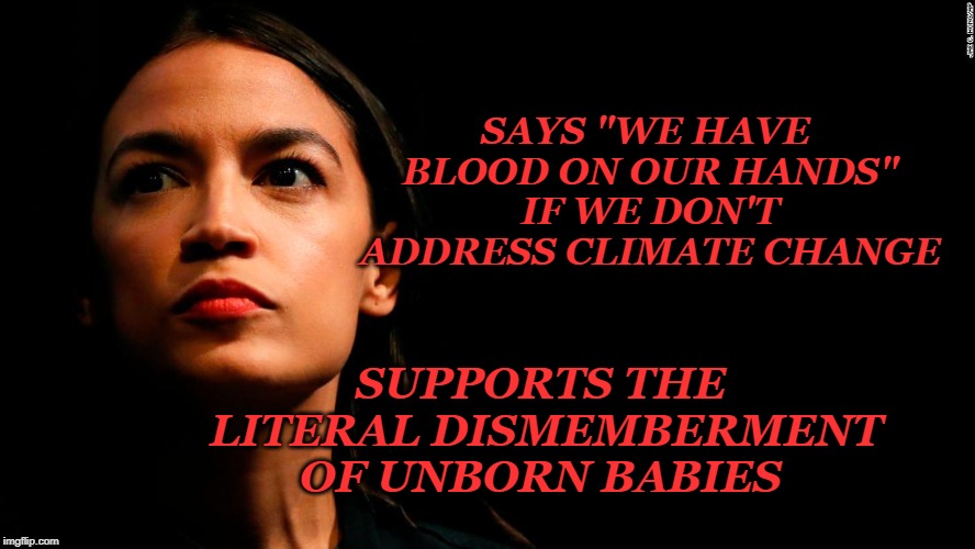 AOC our moral and intellectual better | SAYS "WE HAVE BLOOD ON OUR HANDS" IF WE DON'T ADDRESS CLIMATE CHANGE; SUPPORTS THE LITERAL DISMEMBERMENT OF UNBORN BABIES | image tagged in ocasio-cortez super genius,abortion,climate change,evil | made w/ Imgflip meme maker