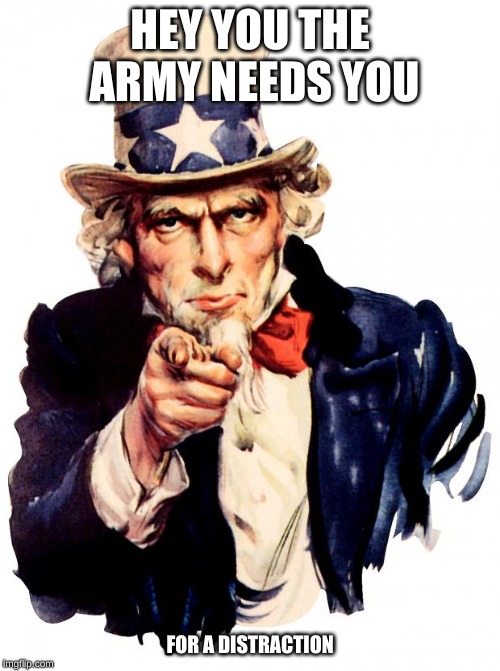 Uncle Sam Meme | HEY YOU THE ARMY NEEDS YOU; FOR A DISTRACTION | image tagged in memes,uncle sam | made w/ Imgflip meme maker