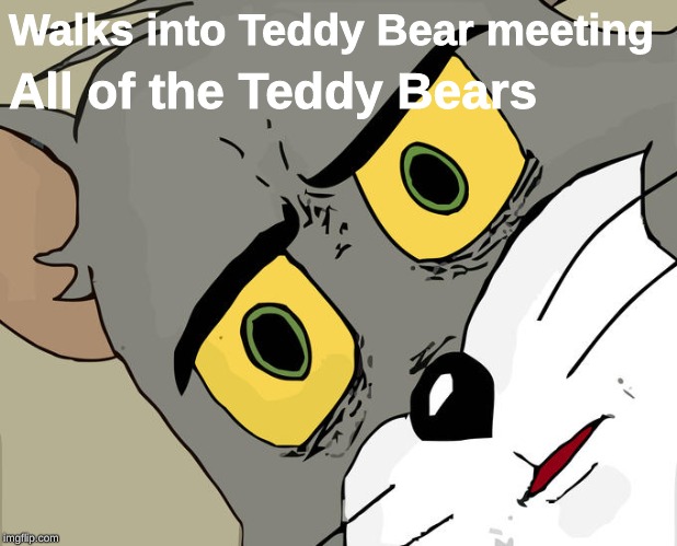 Unsettled Tom Meme | Walks into Teddy Bear meeting; All of the Teddy Bears | image tagged in memes,unsettled tom | made w/ Imgflip meme maker