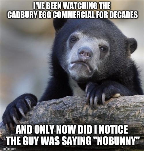 This goes to show how much I pay attention to commercials | I'VE BEEN WATCHING THE CADBURY EGG COMMERCIAL FOR DECADES; AND ONLY NOW DID I NOTICE THE GUY WAS SAYING "NOBUNNY" | image tagged in memes,confession bear,easter | made w/ Imgflip meme maker