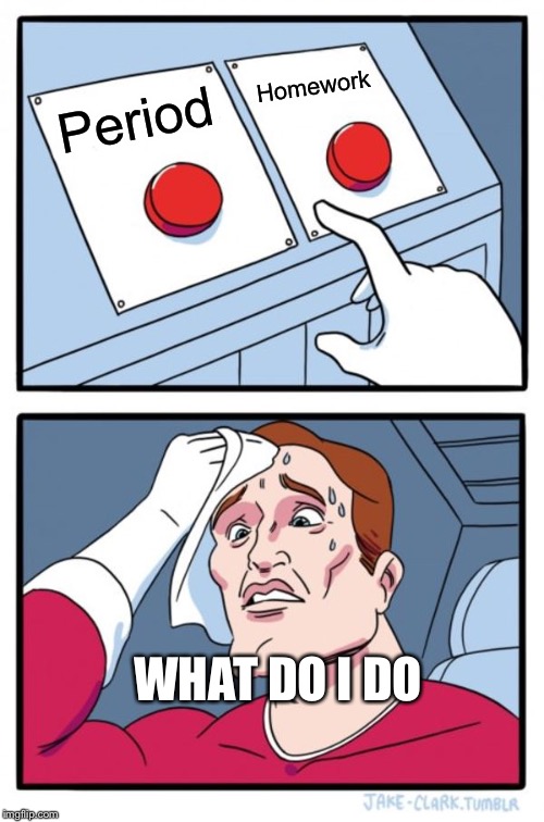 Two Buttons | Homework; Period; WHAT DO I DO | image tagged in memes,two buttons | made w/ Imgflip meme maker