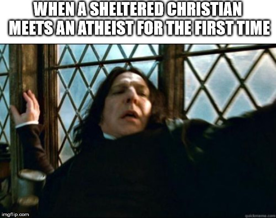 Snape | WHEN A SHELTERED CHRISTIAN MEETS AN ATHEIST FOR THE FIRST TIME | image tagged in memes,snape | made w/ Imgflip meme maker
