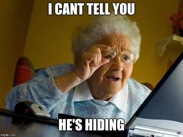 Grandma Finds The Internet Meme | I CANT TELL YOU HE'S HIDING | image tagged in memes,grandma finds the internet | made w/ Imgflip meme maker