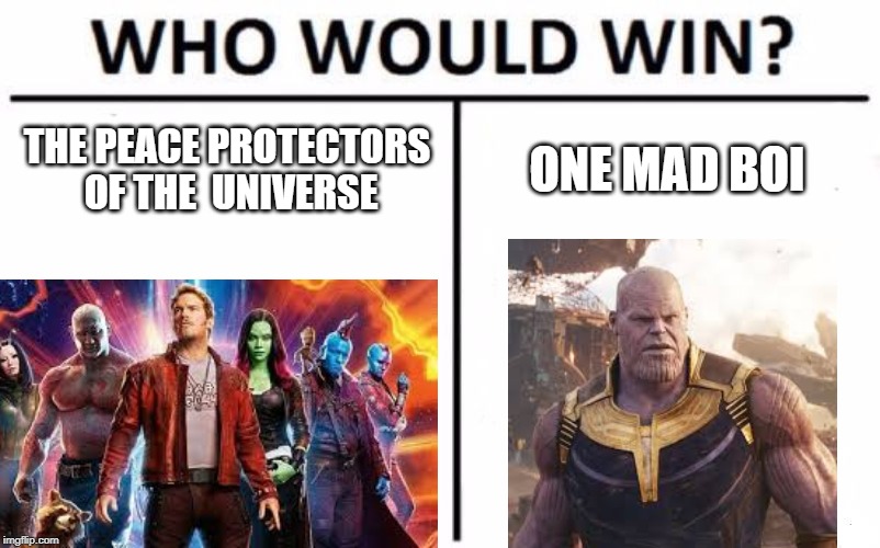 Who Would Win? Meme | THE PEACE PROTECTORS OF THE 
UNIVERSE; ONE MAD BOI | image tagged in memes,who would win | made w/ Imgflip meme maker