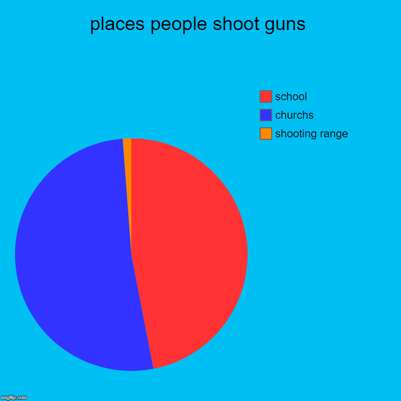 places people shoot guns | shooting range, churchs, school | image tagged in charts,pie charts | made w/ Imgflip chart maker