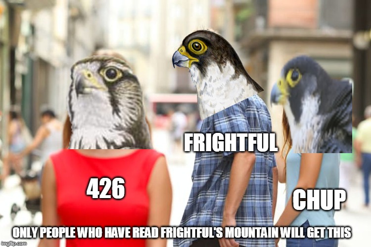 Distracted Boyfriend | FRIGHTFUL; 426; CHUP; ONLY PEOPLE WHO HAVE READ FRIGHTFUL'S MOUNTAIN WILL GET THIS | image tagged in memes,distracted boyfriend | made w/ Imgflip meme maker