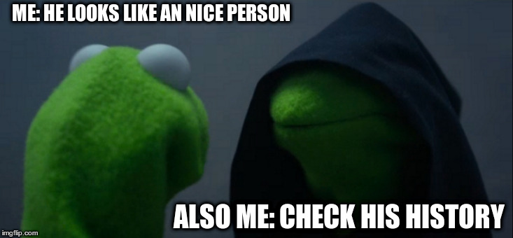 Evil Kermit Meme | ME: HE LOOKS LIKE AN NICE PERSON; ALSO ME: CHECK HIS HISTORY | image tagged in memes,evil kermit | made w/ Imgflip meme maker