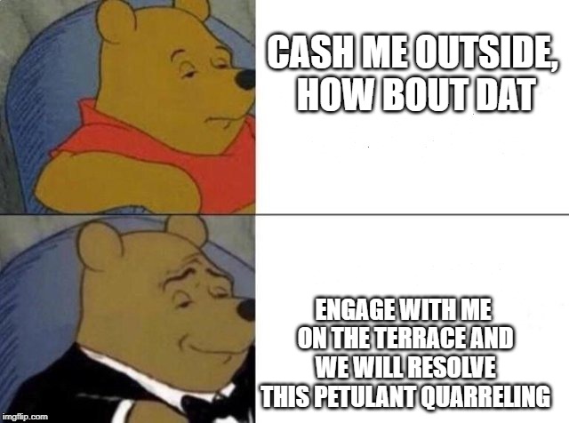 Tuxedo Winnie The Pooh Meme | CASH ME OUTSIDE, HOW BOUT DAT; ENGAGE WITH ME ON THE TERRACE AND WE WILL RESOLVE THIS PETULANT QUARRELING | image tagged in tuxedo winnie the pooh | made w/ Imgflip meme maker