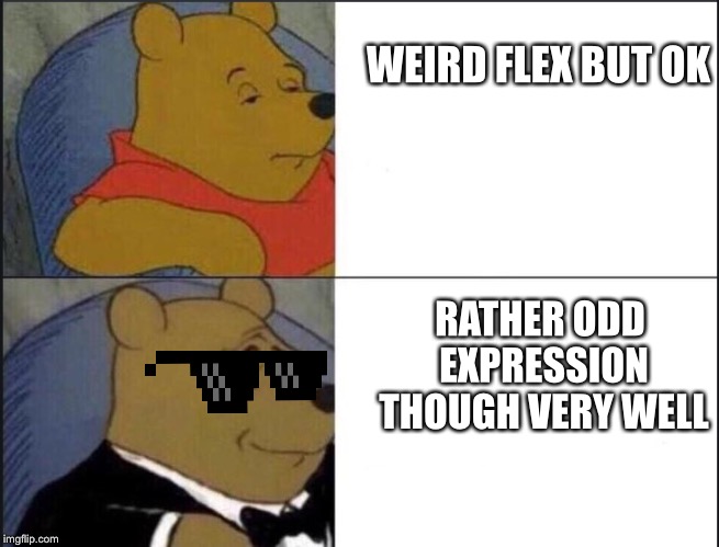 Tuxedo Winnie The Pooh | WEIRD FLEX BUT OK; RATHER ODD EXPRESSION THOUGH VERY WELL | image tagged in winnie the pooh template | made w/ Imgflip meme maker