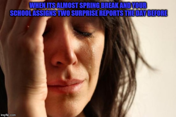 First World Problems Meme |  WHEN ITS ALMOST SPRING BREAK AND YOUR SCHOOL ASSIGNS TWO SURPRISE REPORTS THE DAY BEFORE | image tagged in memes,first world problems | made w/ Imgflip meme maker