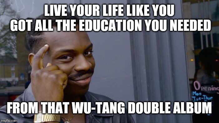 Roll Safe Think About It | LIVE YOUR LIFE LIKE YOU GOT ALL THE EDUCATION YOU NEEDED; FROM THAT WU-TANG DOUBLE ALBUM | image tagged in memes,roll safe think about it | made w/ Imgflip meme maker