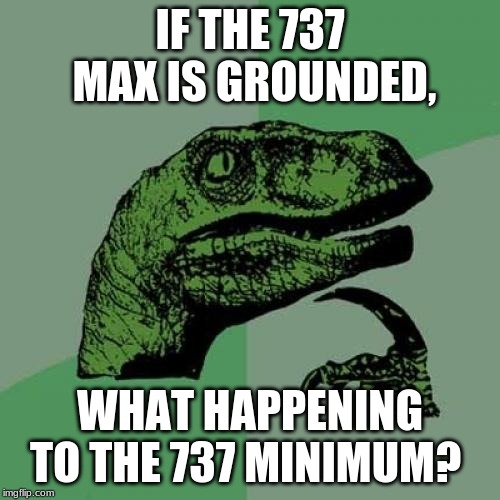 Philosoraptor | IF THE 737 MAX IS GROUNDED, WHAT HAPPENING TO THE 737 MINIMUM? | image tagged in memes,philosoraptor | made w/ Imgflip meme maker