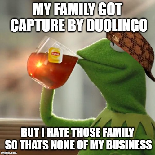 Naa | MY FAMILY GOT CAPTURE BY DUOLINGO; BUT I HATE THOSE FAMILY SO THATS NONE OF MY BUSINESS | image tagged in memes,but thats none of my business,kermit the frog,duolingo | made w/ Imgflip meme maker