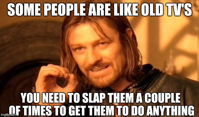 One Does Not Simply Meme | SOME PEOPLE ARE LIKE OLD TV'S; YOU NEED TO SLAP THEM A COUPLE OF TIMES TO GET THEM TO DO ANYTHING | image tagged in memes,one does not simply | made w/ Imgflip meme maker