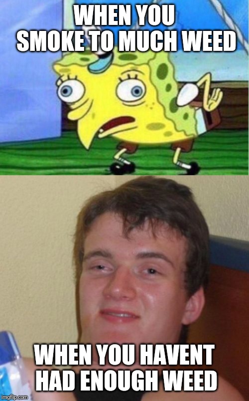 WHEN YOU SMOKE TO MUCH WEED; WHEN YOU HAVENT HAD ENOUGH WEED | image tagged in memes,10 guy,mocking spongebob | made w/ Imgflip meme maker