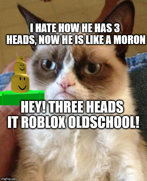 Grumpy Cat Meme | I HATE HOW HE HAS 3 HEADS, NOW HE IS LIKE A MORON; HEY! THREE HEADS IT ROBLOX OLDSCHOOL! | image tagged in memes,grumpy cat | made w/ Imgflip meme maker