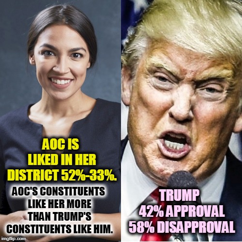 AOC IS LIKED IN HER DISTRICT 52%-33%. AOC'S CONSTITUENTS LIKE HER MORE THAN TRUMP'S CONSTITUENTS LIKE HIM. TRUMP  42% APPROVAL 58% DISAPPROVAL | image tagged in trump,aoc,approval,like,dislike | made w/ Imgflip meme maker