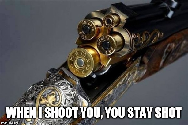 WHEN I SHOOT YOU, YOU STAY SHOT | image tagged in gun | made w/ Imgflip meme maker