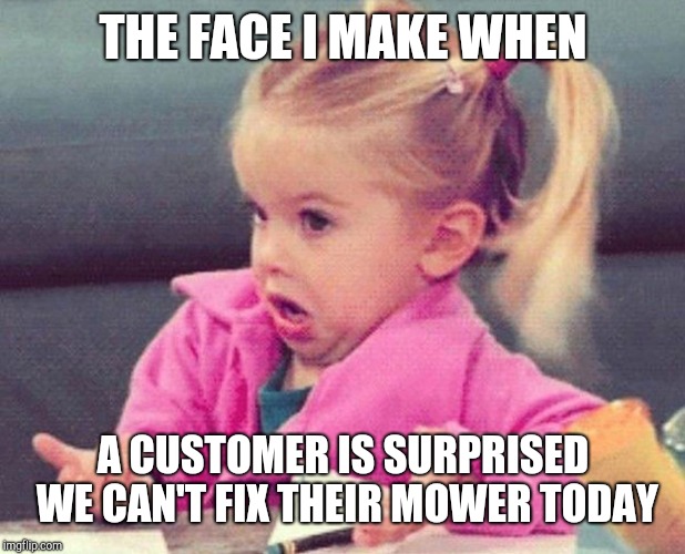 Confused girl | THE FACE I MAKE WHEN; A CUSTOMER IS SURPRISED WE CAN'T FIX THEIR MOWER TODAY | image tagged in confused girl | made w/ Imgflip meme maker