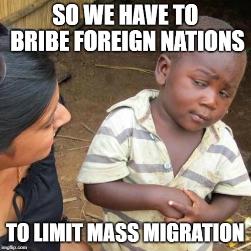 Third World Skeptical Kid Meme | SO WE HAVE TO BRIBE FOREIGN NATIONS TO LIMIT MASS MIGRATION | image tagged in memes,third world skeptical kid | made w/ Imgflip meme maker