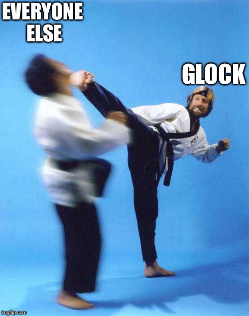 Roundhouse Kick Chuck Norris | EVERYONE ELSE; GLOCK | image tagged in roundhouse kick chuck norris | made w/ Imgflip meme maker