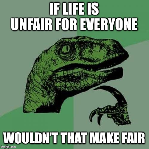 Philosoraptor | IF LIFE IS UNFAIR FOR EVERYONE; WOULDN’T THAT MAKE FAIR | image tagged in memes,philosoraptor | made w/ Imgflip meme maker