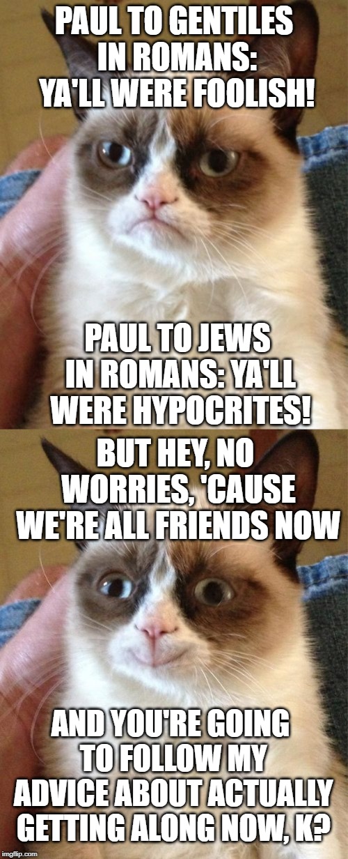 PAUL TO GENTILES IN ROMANS: YA'LL WERE FOOLISH! PAUL TO JEWS IN ROMANS: YA'LL WERE HYPOCRITES! BUT HEY, NO WORRIES, 'CAUSE WE'RE ALL FRIENDS NOW; AND YOU'RE GOING TO FOLLOW MY ADVICE ABOUT ACTUALLY GETTING ALONG NOW, K? | image tagged in memes,grumpy cat,grumpy cat happy | made w/ Imgflip meme maker