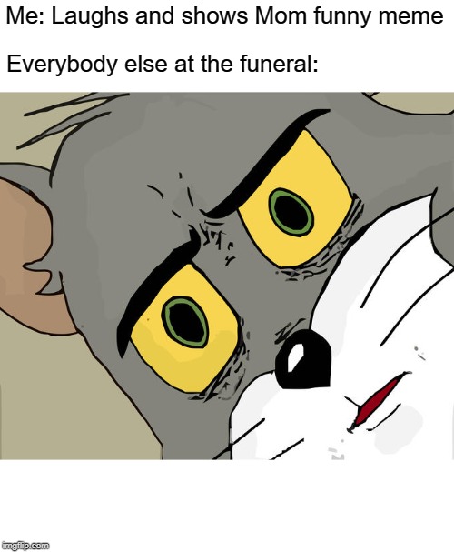 Unsettled Tom | Me: Laughs and shows Mom funny meme; Everybody else at the funeral: | image tagged in memes,unsettled tom | made w/ Imgflip meme maker