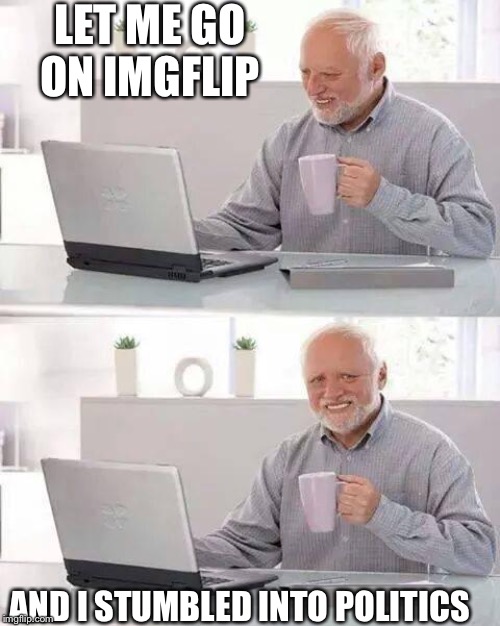 Hide the Pain Harold | LET ME GO ON IMGFLIP; AND I STUMBLED INTO POLITICS | image tagged in memes,hide the pain harold | made w/ Imgflip meme maker