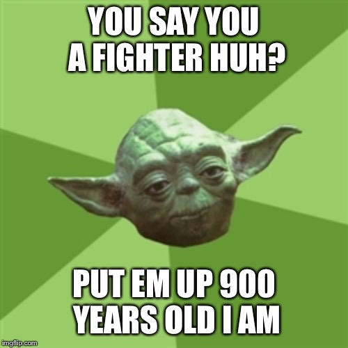 Advice Yoda Meme | YOU SAY YOU A FIGHTER HUH? PUT EM UP 900 YEARS OLD I AM | image tagged in memes,advice yoda | made w/ Imgflip meme maker