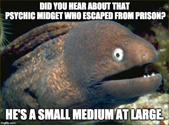 midget prisoner | DID YOU HEAR ABOUT THAT PSYCHIC MIDGET WHO ESCAPED FROM PRISON? HE'S A SMALL MEDIUM AT LARGE. | image tagged in memes,bad joke eel | made w/ Imgflip meme maker