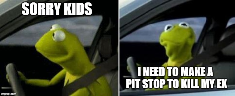 Kermit Driver | SORRY KIDS I NEED TO MAKE A PIT STOP TO KILL MY EX | image tagged in kermit driver | made w/ Imgflip meme maker