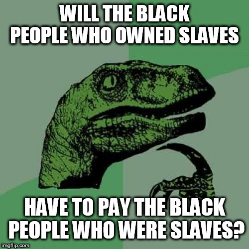 Philosoraptor Meme | WILL THE BLACK PEOPLE WHO OWNED SLAVES; HAVE TO PAY THE BLACK PEOPLE WHO WERE SLAVES? | image tagged in memes,philosoraptor | made w/ Imgflip meme maker