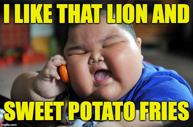 Fat Asian Kid | I LIKE THAT LION AND SWEET POTATO FRIES | image tagged in fat asian kid | made w/ Imgflip meme maker