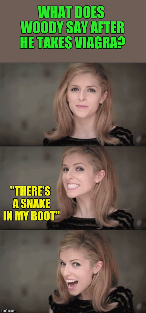 Jessie will get that snake! | WHAT DOES WOODY SAY AFTER HE TAKES VIAGRA? "THERE'S A SNAKE IN MY BOOT" | image tagged in memes,bad pun anna kendrick,toy story,woody | made w/ Imgflip meme maker