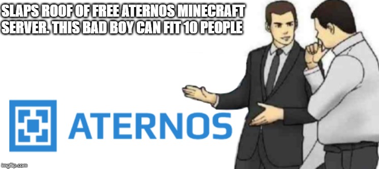 slaps free minecraft server | SLAPS ROOF OF FREE ATERNOS MINECRAFT SERVER. THIS BAD BOY CAN FIT 10 PEOPLE | image tagged in minecraft,car salesman slaps roof of car | made w/ Imgflip meme maker