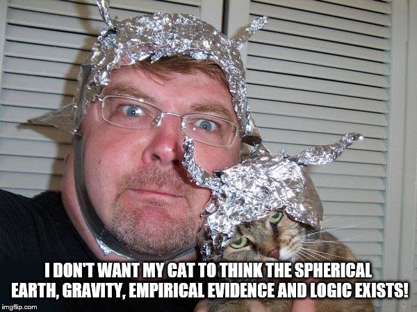 tin foil hat | I DON'T WANT MY CAT TO THINK THE SPHERICAL EARTH, GRAVITY, EMPIRICAL EVIDENCE AND LOGIC EXISTS! | image tagged in tin foil hat | made w/ Imgflip meme maker