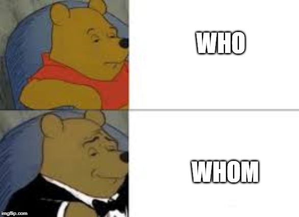 Whom | WHO; WHOM | image tagged in whinnie in tux,memes | made w/ Imgflip meme maker