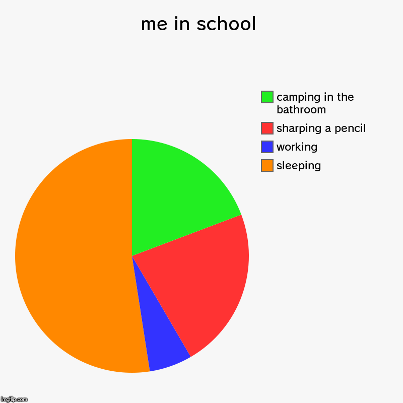 me in school | sleeping, working, sharping a pencil, camping in the bathroom | image tagged in charts,pie charts | made w/ Imgflip chart maker