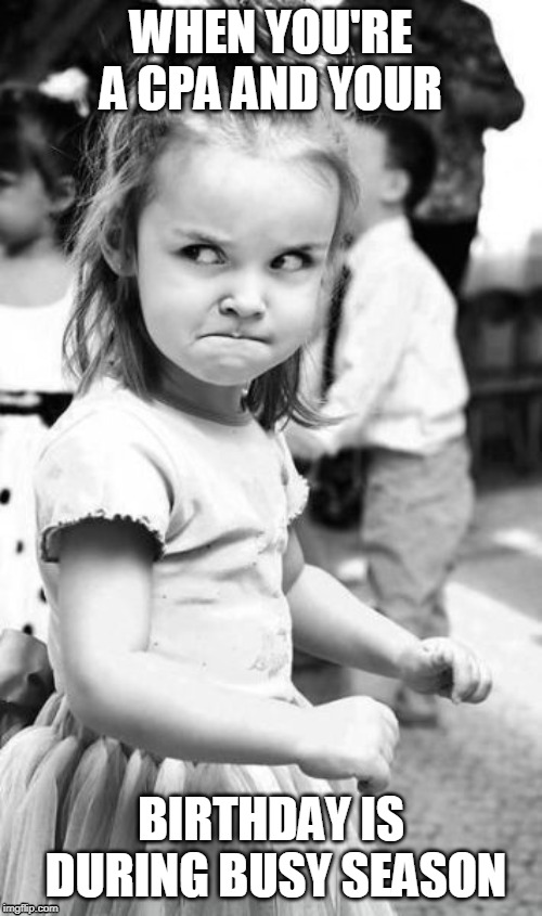Angry Toddler | WHEN YOU'RE A CPA AND YOUR; BIRTHDAY IS DURING BUSY SEASON | image tagged in memes,angry toddler | made w/ Imgflip meme maker