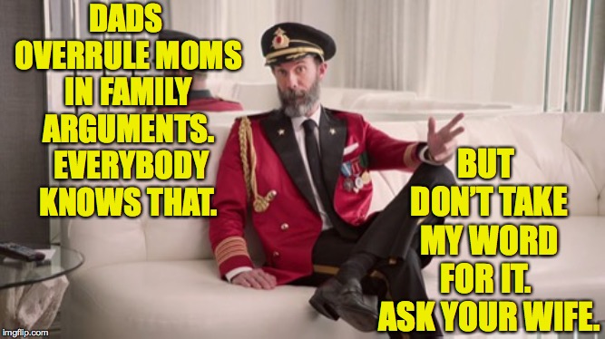 Captain obvious | BUT DON’T TAKE MY WORD FOR IT.  ASK YOUR WIFE. DADS OVERRULE MOMS IN FAMILY ARGUMENTS.  EVERYBODY KNOWS THAT. | image tagged in captain obvious,memes,period of adjustment | made w/ Imgflip meme maker
