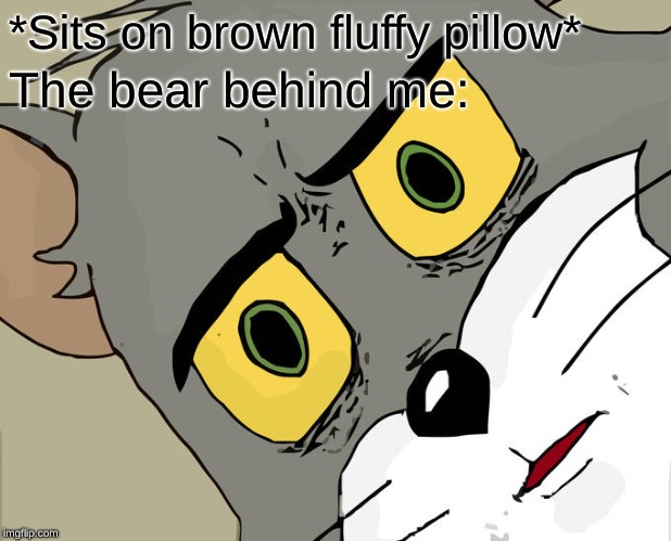Unsettled Tom | *Sits on brown fluffy pillow*; The bear behind me: | image tagged in memes,unsettled tom | made w/ Imgflip meme maker