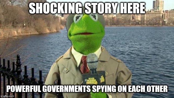 Kermit News Report | SHOCKING STORY HERE POWERFUL GOVERNMENTS SPYING ON EACH OTHER | image tagged in kermit news report | made w/ Imgflip meme maker