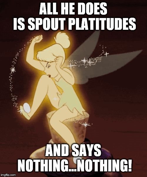 tinkerbell angry | ALL HE DOES IS SPOUT PLATITUDES AND SAYS NOTHING...NOTHING! | image tagged in tinkerbell angry | made w/ Imgflip meme maker