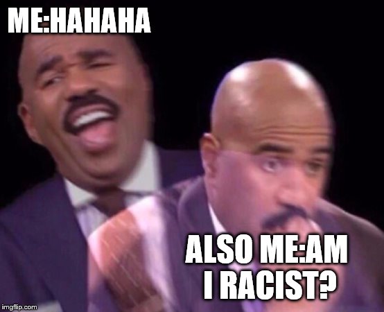 Steve Harvey Laughing Serious | ME:HAHAHA ALSO ME:AM I RACIST? | image tagged in steve harvey laughing serious | made w/ Imgflip meme maker